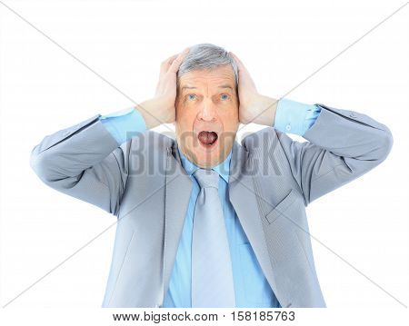 Business man in age shouts. Isolated on a white background.