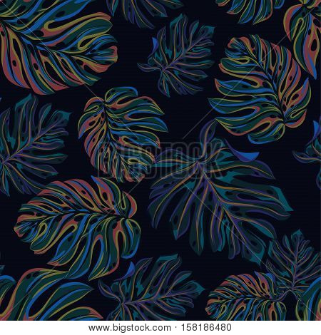 seamless vector dark leafy pattern. tropical leaves, very dark glowing pattern. serious colors for wallpaper, fashion, mens fashion, upholstery