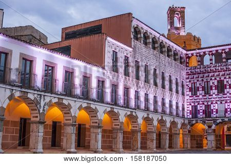 High square at sunset illuminated by led lights Badajoz Spain (Plaza Alta)