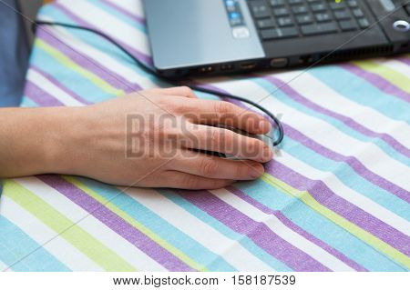 Woman Working On Laptop Keyboard Hands Close Up