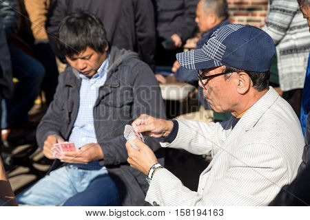 New York, United States of America - November 17, 2016: Two Chinese men playing cards in Columbus Park in Chinatown