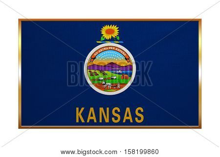 Flag of the US state of Kansas. American patriotic element. USA banner. United States of America symbol. Kansan official flag golden frame fabric texture illustration. Accurate size colors