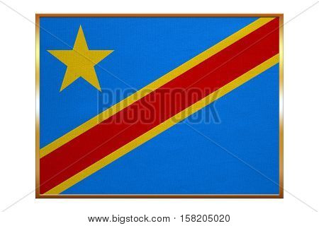 DR Congo national official flag. African patriotic symbol banner element background. Flag of Democratic Republic of the Congo with golden frame fabric texture illustration. Accurate size colors