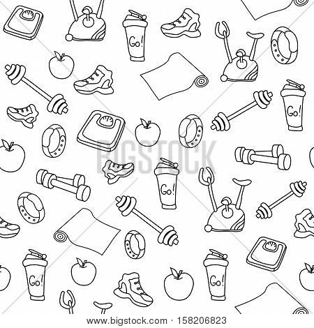 Hand drawn fitness equipment doodles. Gym seamless pattern on white background.. An apple, sneaker, sport watch, dumbbells, mats, scales, a barbell, a cycle and a shaker. Vector EPS10 illustration.