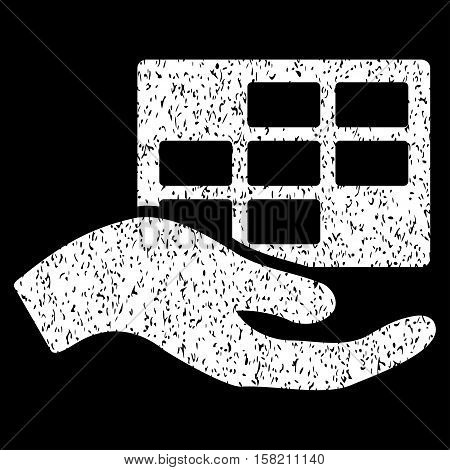 Service Schedule Hand grainy textured icon for overlay watermark stamps. Flat symbol with dust texture. Dotted vector white ink rubber seal stamp with grunge design on a black background.