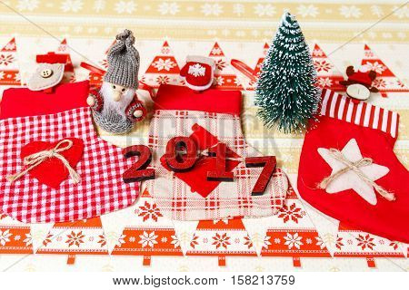 Christmas Socks On New Yeat Tree Background,2017