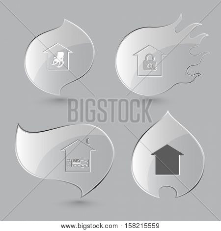 4 images: home comfort, bank, home bedroom. Home set. Glass buttons on gray background. Fire theme. Vector icons.