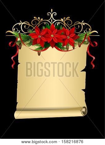 Christmas decoration with evergreen treess holly and pinecone and poinsettia and ribbon isolated on empty paper roll for your wish list