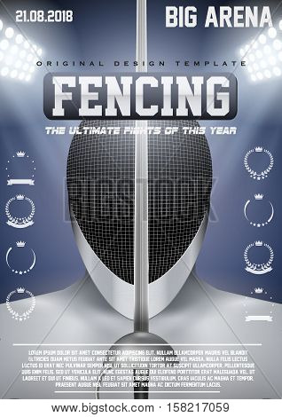 Poster Template of Fencong with Epee and Helmet. Cup and Tournament Advertising. Sport Event Announcement. Vector Illustration.