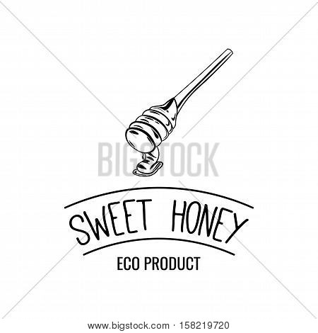 Wooden honey dipper, sketch style vector illustration isolated on white background. Sweet honey label, badge. Vector Illustration