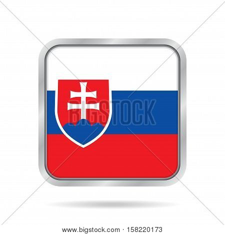 National flag of Slovakia. Shiny metallic gray square button with shadow.