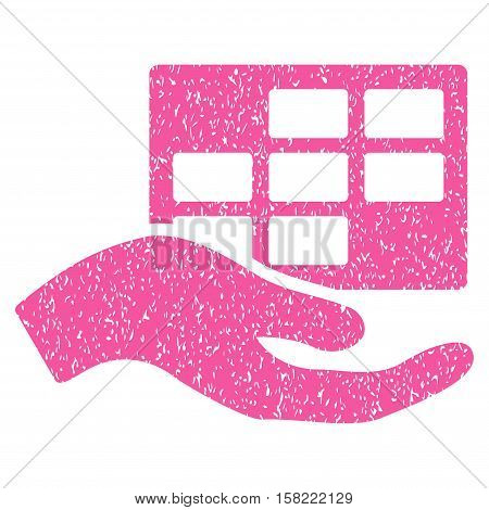 Service Schedule Hand grainy textured icon for overlay watermark stamps. Flat symbol with dust texture. Dotted vector pink ink rubber seal stamp with grunge design on a white background.