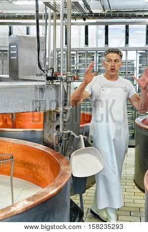 Evillers France - August 31 2016: Cheese maker processes Gruyere de Comte Cheese in the dairy in Franche Comte Burgundy France.