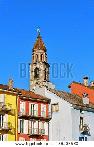Church Tower And Colorful Architecture In Ascona Swiss