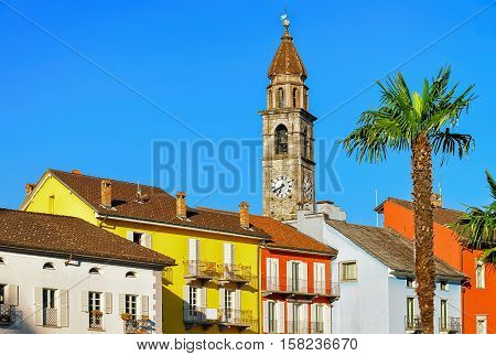 Church Tower And Colorful Buildings Of Ascona Ticino Switzerland