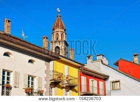 Church Tower And Facades Of Buildings Of Ascona Ticino Switzerland
