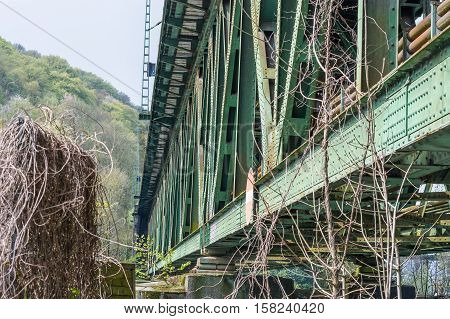 Railway bridge of steel for pedestrians and cyclists on the Ruhr in Essen Kupferdreh.