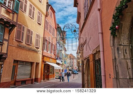 Grand Rue Street In Colmar Of Alsace Of France