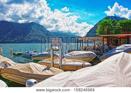 Motor Boats At Promenade In Lugano Ticino In Switzerland