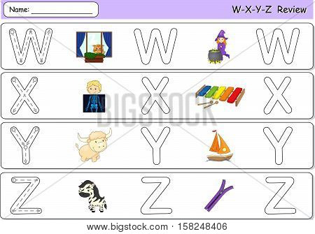 Cartoon Witch, Window, X-ray Boy, Xylophone, Yak, Yacht, Zebra And Zipper. Alphabet Tracing Workshee