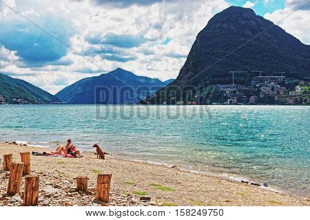 People On Beach In Lugano In Ticino In Switzerland