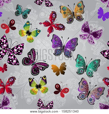Seamless gray gradient pattern with bright colorful and white lace butterflies vector