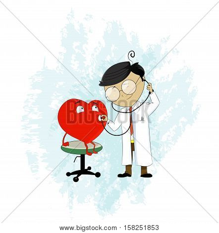 Doctor using stethoscope to hear heart pulse. Medicine and health care cartoon concept illustration. Visiting doctor. Vector