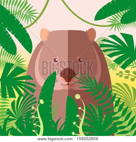 Flat Vector image of the Wombat on the Jungle Background