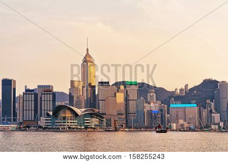 Small Junk At Victoria Harbor In Hong Kong