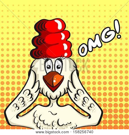 Pop art surprised woman chicken face with open beak. Vector illustration