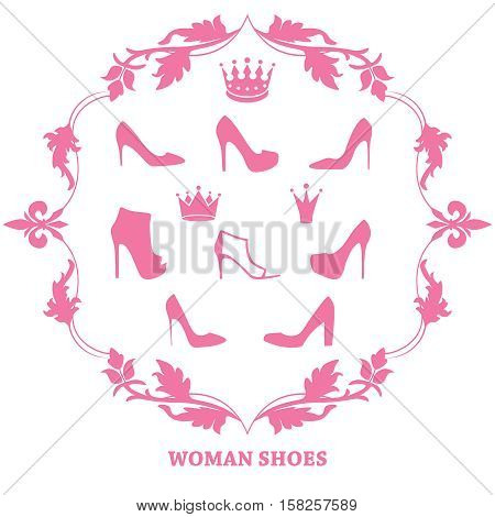 Set of woman shoes silhouettes with crowns in floral vintage frame. Female fashion icons isolated on white. Vector illustration.