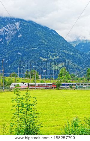 Train In Interlaken Of Bern Canton In Switzerland