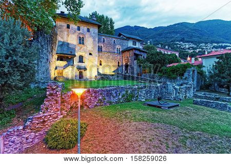Visconteo Castle At City Center In Locarno In Ticino Switzerland, In The Evening.