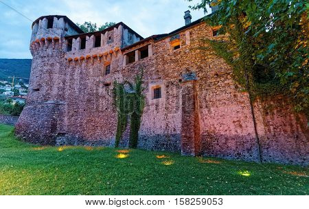 Visconteo Castle Of City Center In Locarno Of Ticino Switzerland, In The Evening.