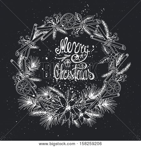 Christmas greeting card.New year, Winter season doodles wreath with citrus and spice.Fir tree brances, Poinsettia flowers, hot, tasty background background.Flat vector, holiday decoration, chalkboard