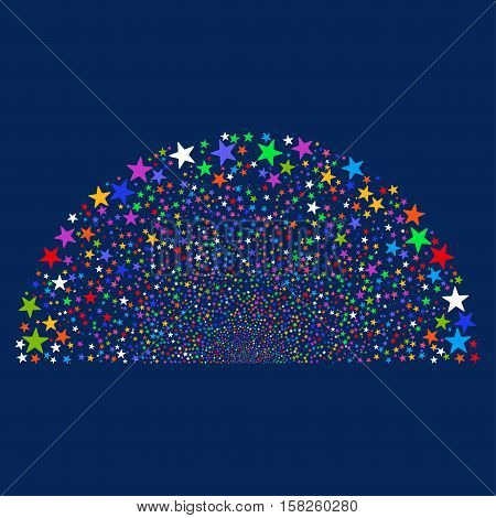 Sparkle Star Semisphere vector image. Style is bright multicolored flat stars, blue background.