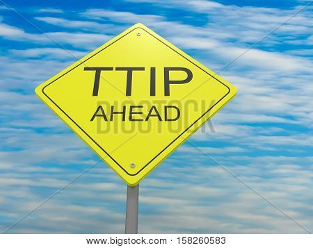 Yellow Road Sign TTIP Ahead Against A Cloudy Sky 3d illustration