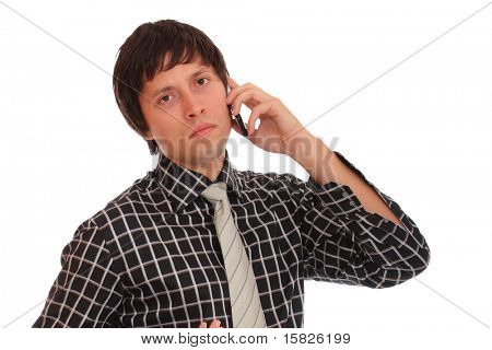 a telefon, elszigetelt fehér fiatal üzletember