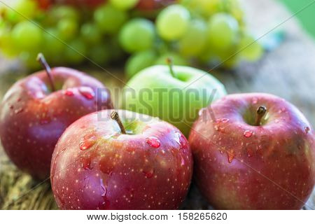 Fruits and vegetables on a old wooden floor