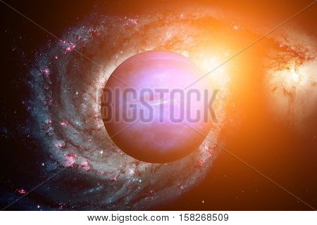 Solar System - Neptune. It is the eighth and farthest planet from the Sun in the Solar System. It is a giant planet. Neptune has 14 known satellites. Elements of this image furnished by NASA.
