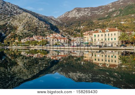 View on town of Risan, Montenegro, reflection