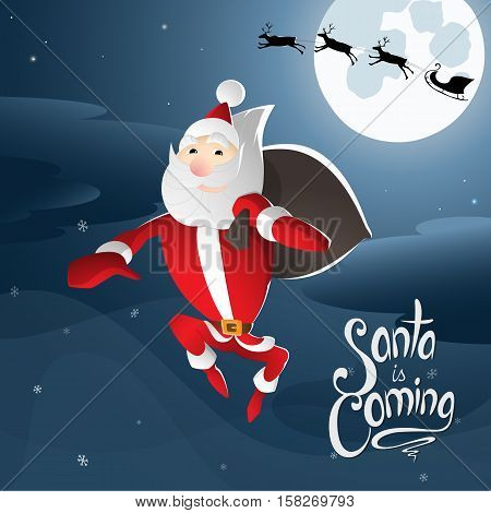 Santa Claus Jumping out of the sleigh with a sack behind his back and reindeers flying across the moon