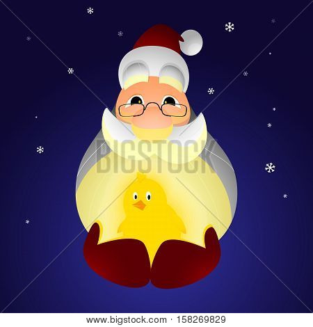 Santa Claus holding a chicken with care