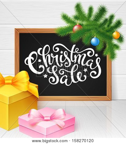Christmas sale poster with fir tree fnd gift boxes, vector illustration