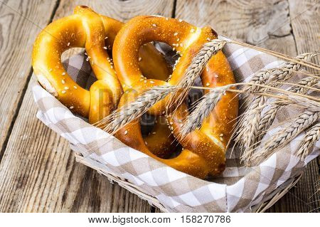Breadbasket with traditional homemade Bavarian pretzels. Studio Photo