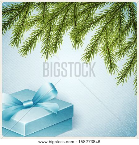 Realistic christmas background with fir tree fnd gift box, vector illustration
