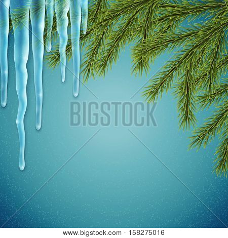 Realistic christmas background with fir tree and icicles , vector illustration