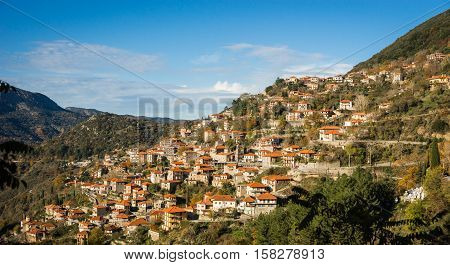 Scenic Mountain Autumn Landscape With  Village Langadia, Peloponnese, Greece