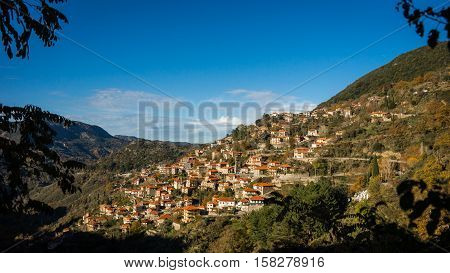 Scenic Mountain Autumn Landscape With  Village Langadia, Peloponnese, Greece