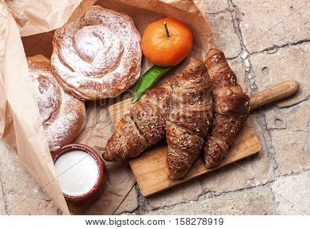 Freshly baked croissants and ensaimada a pastry typical of Mallorca Spain